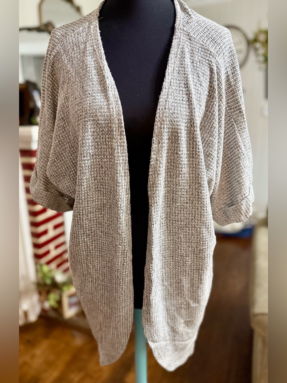 Ginger G Light Gray Open Front Women's Loose Weave Knit Cardigan Sweater NWOT